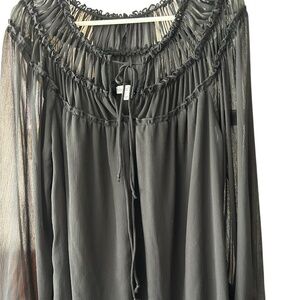 Black Sheer Sleeve Blouse Pheasant Boho Womens L